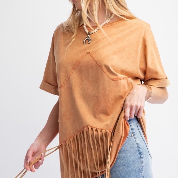 New Easel Star Fringed Cotton Tee Pullover Mineral Wash Cotton Shirt Top PUMKIN - Picture 4 of 8